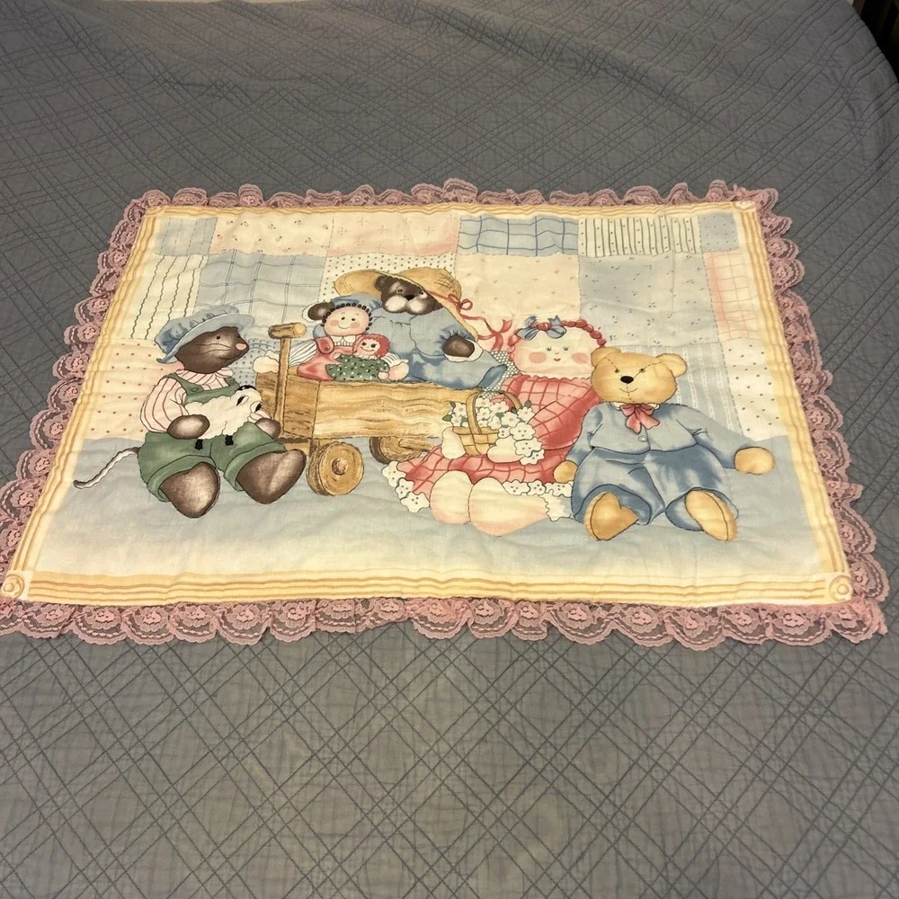 Vintage Country Bear Friends Baby Nursery Quilt Blanket 27x36 Cottagecore